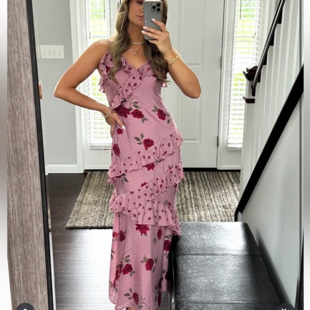 Jessica Simpson Tiered Rose Print Gown in Bare Pink - Picture 1 of 9